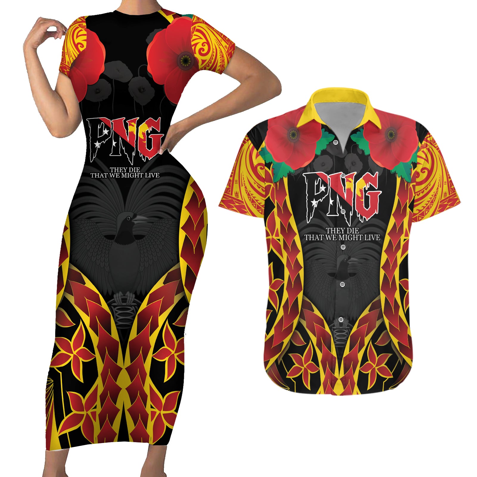 Personalised Papua New Guinea Remembrance Day Couples Matching Short Sleeve Bodycon Dress and Hawaiian Shirt