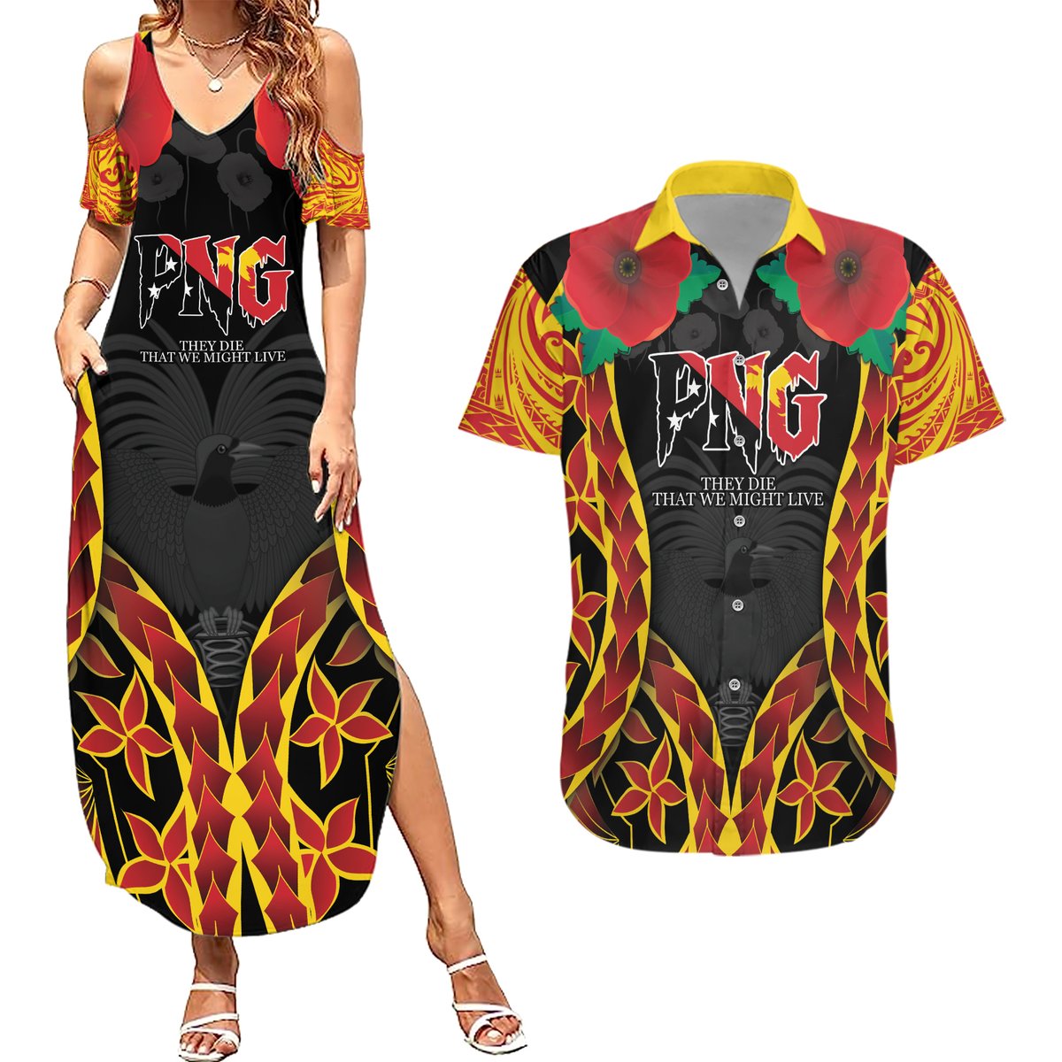 Personalised Papua New Guinea Remembrance Day Couples Matching Summer Maxi Dress and Hawaiian Shirt LT9 Red - Polynesian Pride