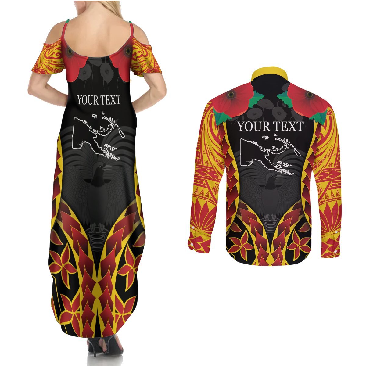 Personalised Papua New Guinea Remembrance Day Couples Matching Summer Maxi Dress and Long Sleeve Button Shirt LT9 - Polynesian Pride