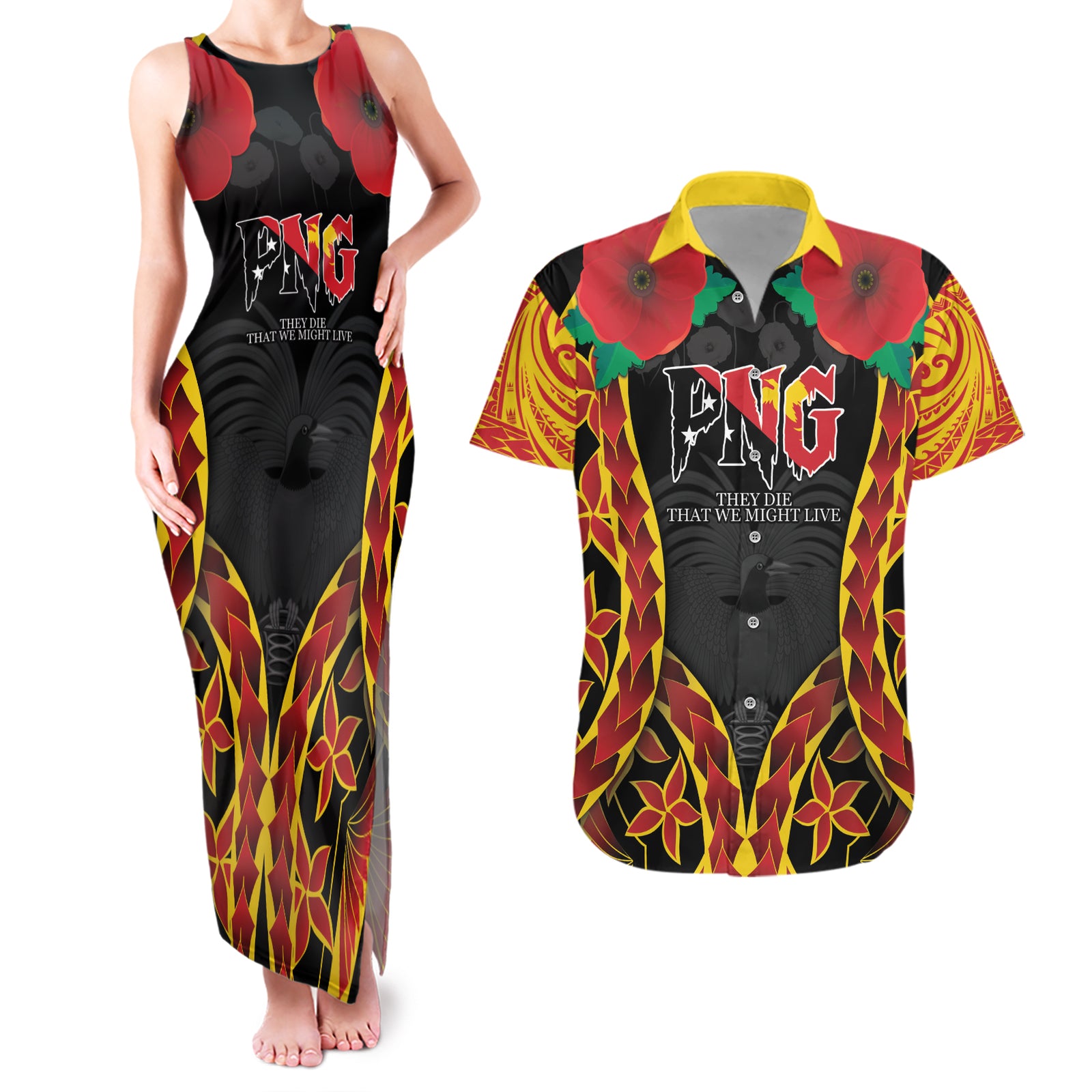 Personalised Papua New Guinea Remembrance Day Couples Matching Tank Maxi Dress and Hawaiian Shirt LT9 Red - Polynesian Pride
