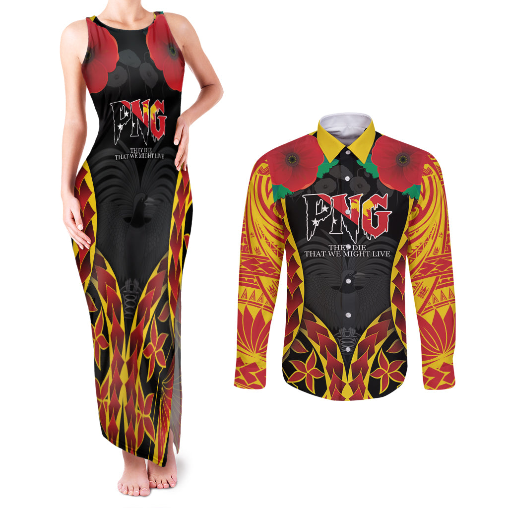 Personalised Papua New Guinea Remembrance Day Couples Matching Tank Maxi Dress and Long Sleeve Button Shirt LT9 Red - Polynesian Pride