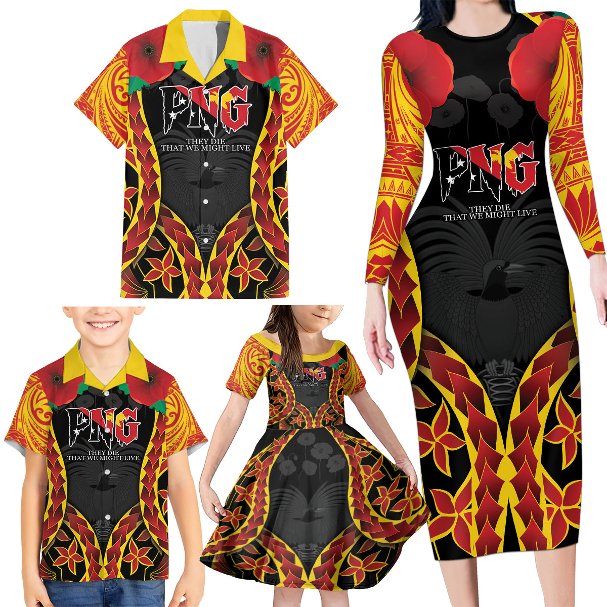 Personalised Papua New Guinea Remembrance Day Family Matching Long Sleeve Bodycon Dress and Hawaiian Shirt