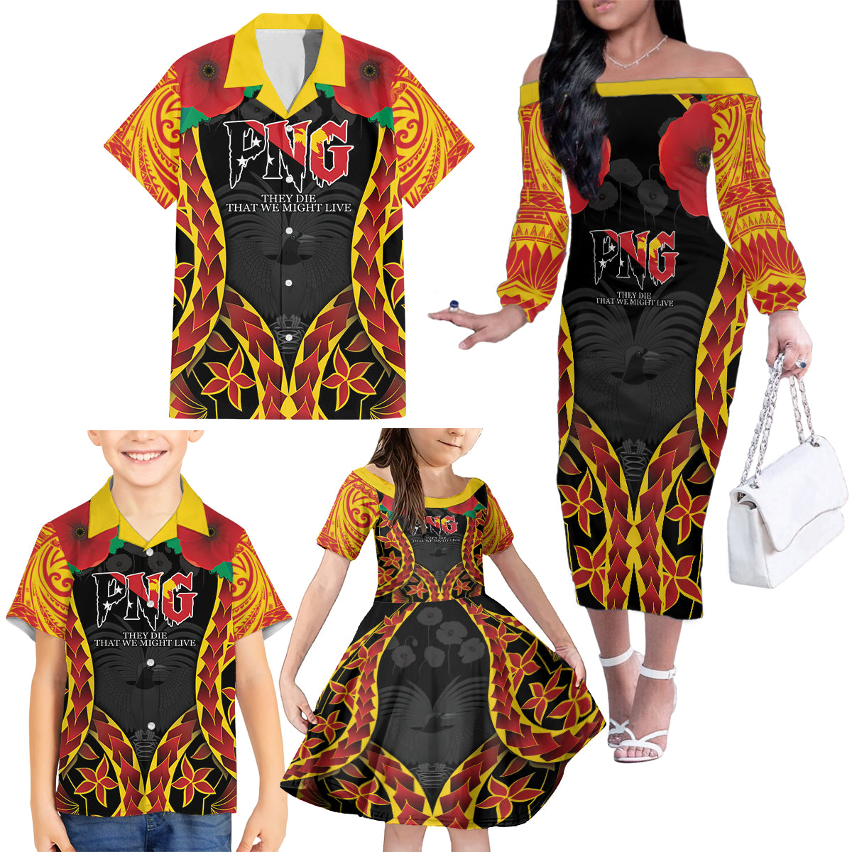 Personalised Papua New Guinea Remembrance Day Family Matching Off The Shoulder Long Sleeve Dress and Hawaiian Shirt LT9 - Polynesian Pride