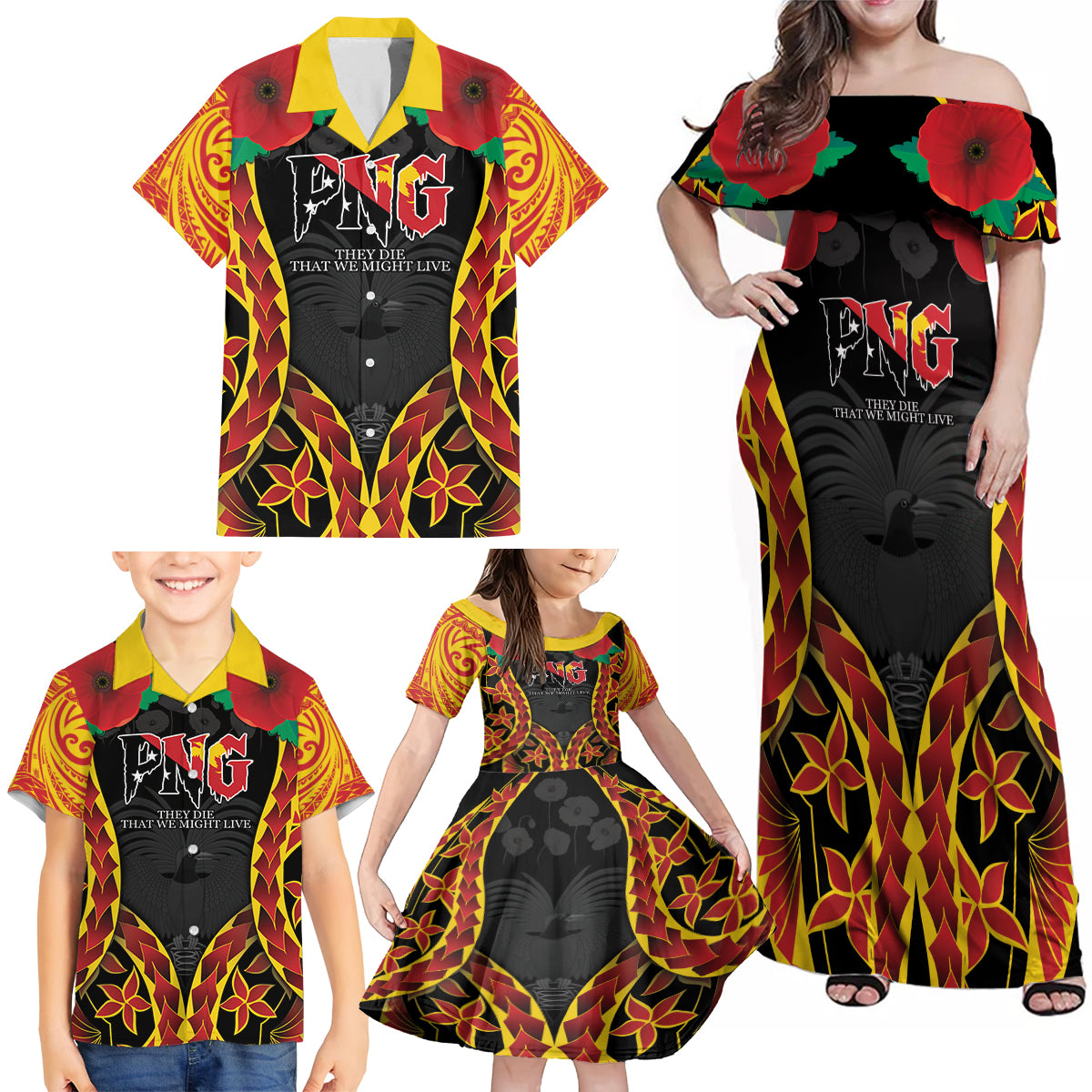 Personalised Papua New Guinea Remembrance Day Family Matching Off Shoulder Maxi Dress and Hawaiian Shirt