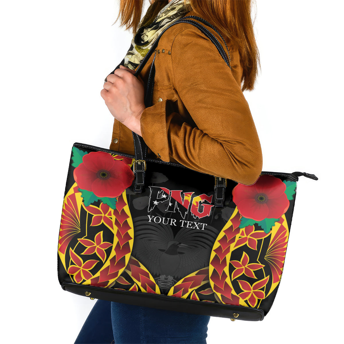 Personalised Papua New Guinea Remembrance Day Leather Tote Bag LT9 Red - Polynesian Pride