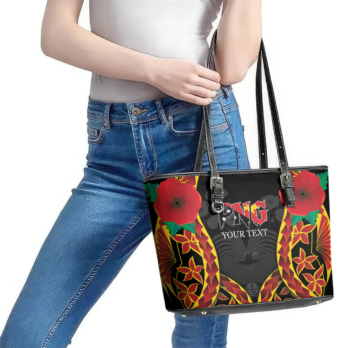 Personalised Papua New Guinea Remembrance Day Leather Tote Bag LT9 - Polynesian Pride