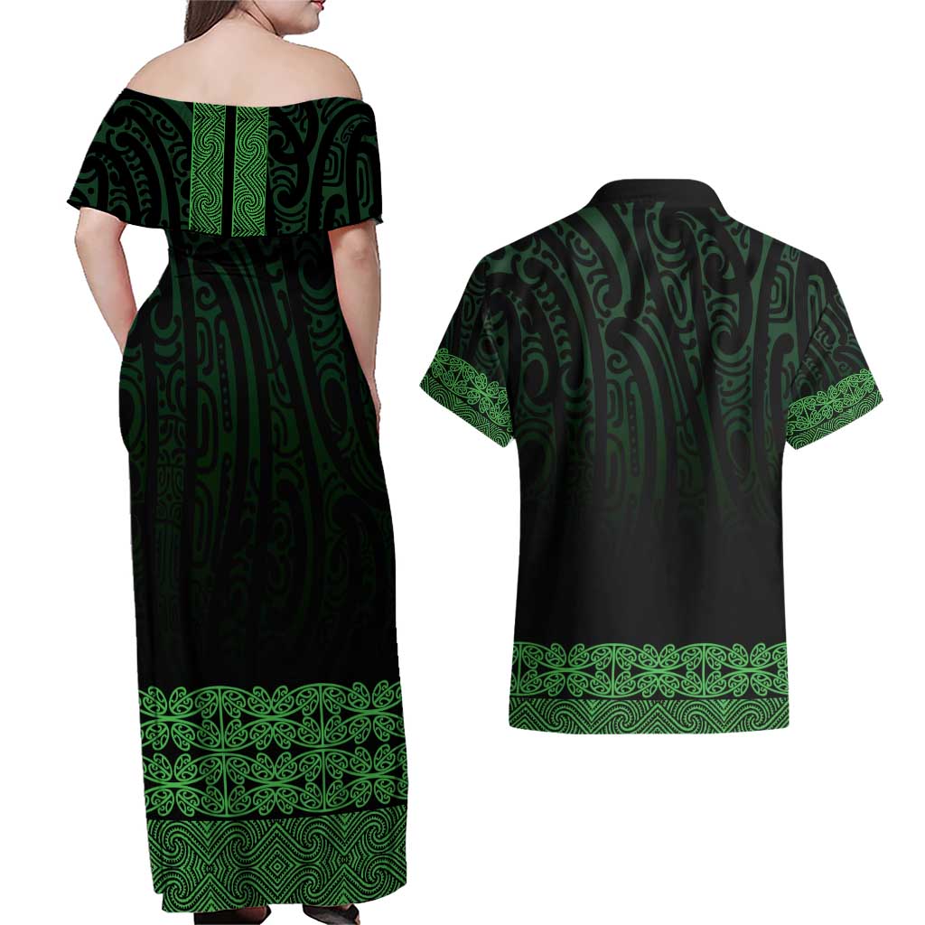 New Zealand Maori Kowhaiwhai Couples Matching Off Shoulder Maxi Dress and Hawaiian Shirt Kakariki Maui and Mangopare