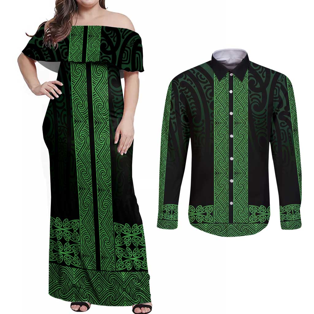New Zealand Maori Kowhaiwhai Couples Matching Off Shoulder Maxi Dress and Long Sleeve Button Shirt Kakariki Maui and Mangopare