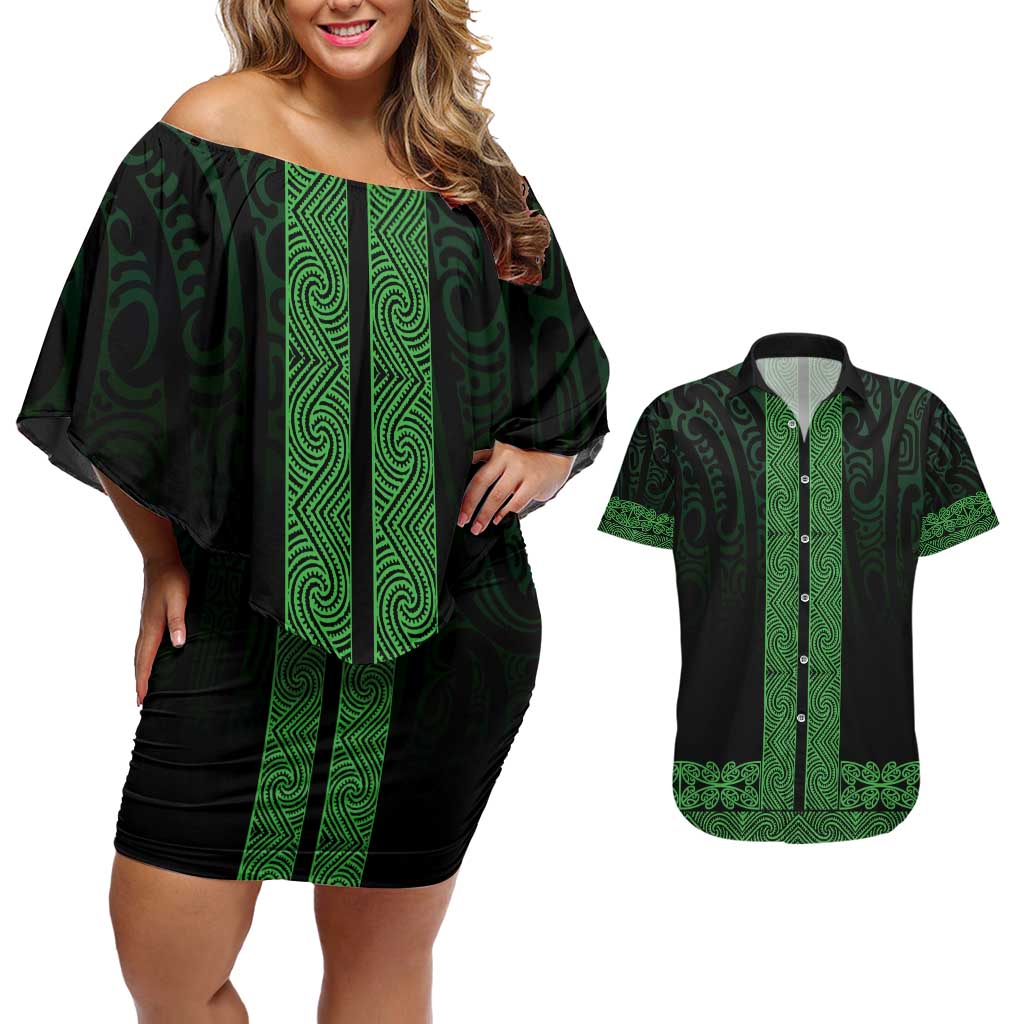 New Zealand Maori Kowhaiwhai Couples Matching Off Shoulder Short Dress and Hawaiian Shirt Kakariki Maui and Mangopare