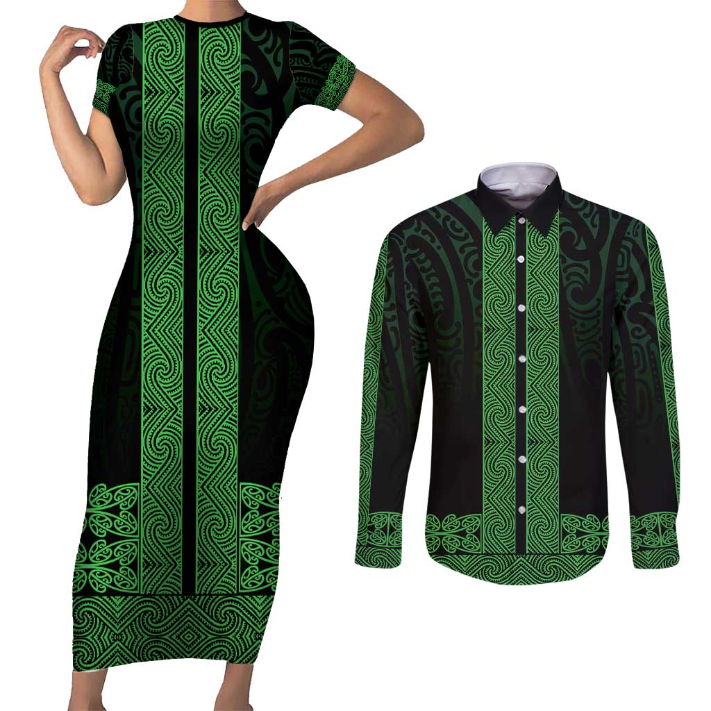 New Zealand Maori Kowhaiwhai Couples Matching Short Sleeve Bodycon Dress and Long Sleeve Button Shirt Kakariki Maui and Mangopare