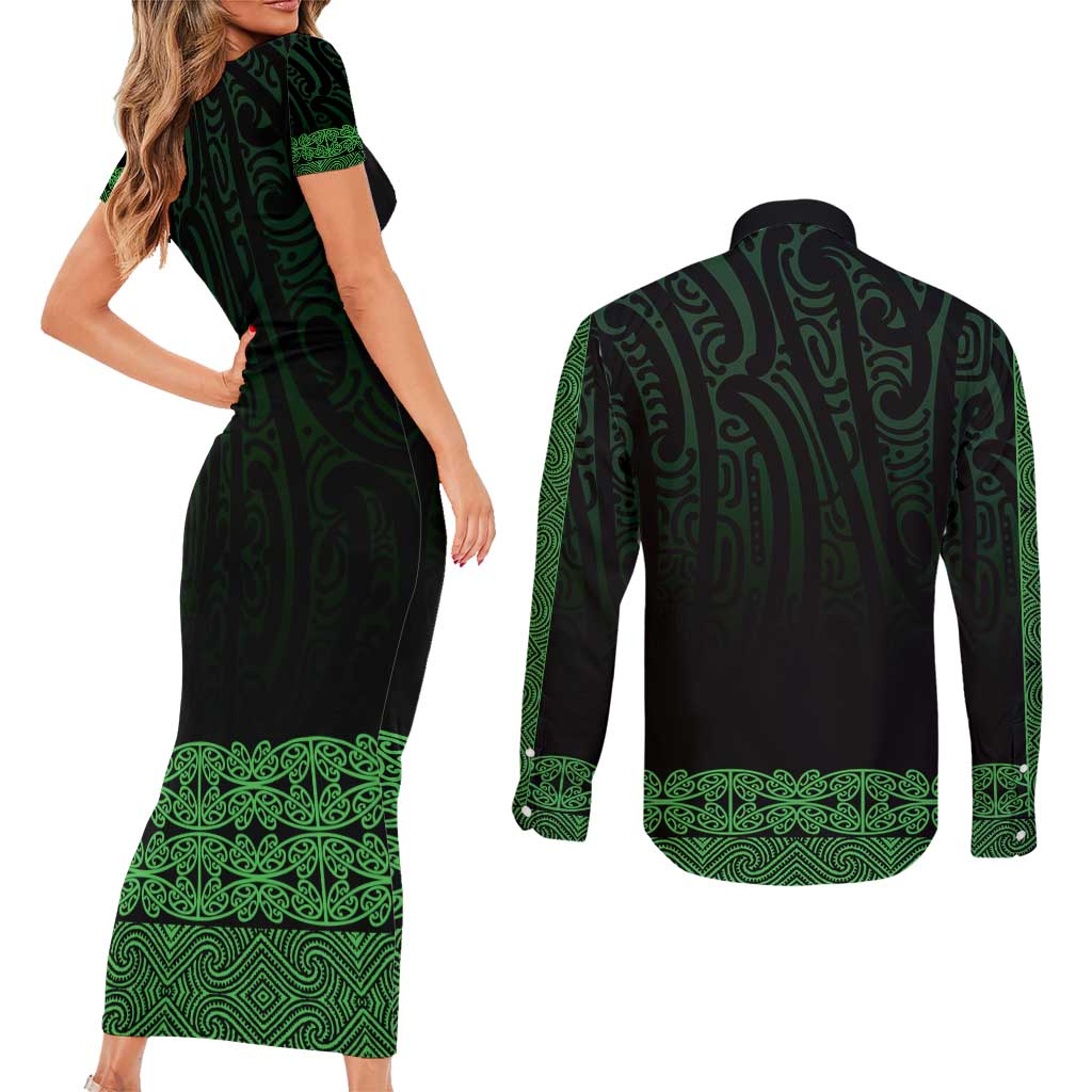 New Zealand Maori Kowhaiwhai Couples Matching Short Sleeve Bodycon Dress and Long Sleeve Button Shirt Kakariki Maui and Mangopare
