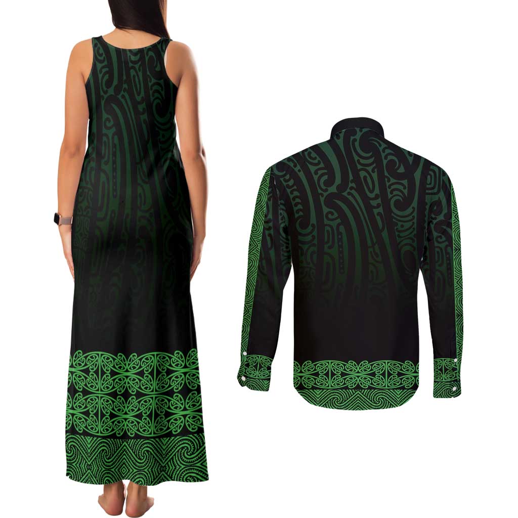 New Zealand Maori Kowhaiwhai Couples Matching Tank Maxi Dress and Long Sleeve Button Shirt Kakariki Maui and Mangopare