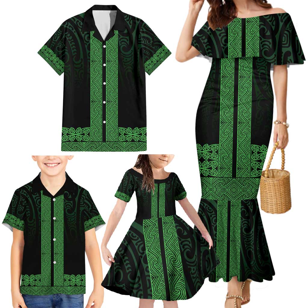 New Zealand Maori Kowhaiwhai Family Matching Mermaid Dress and Hawaiian Shirt Kakariki Maui and Mangopare