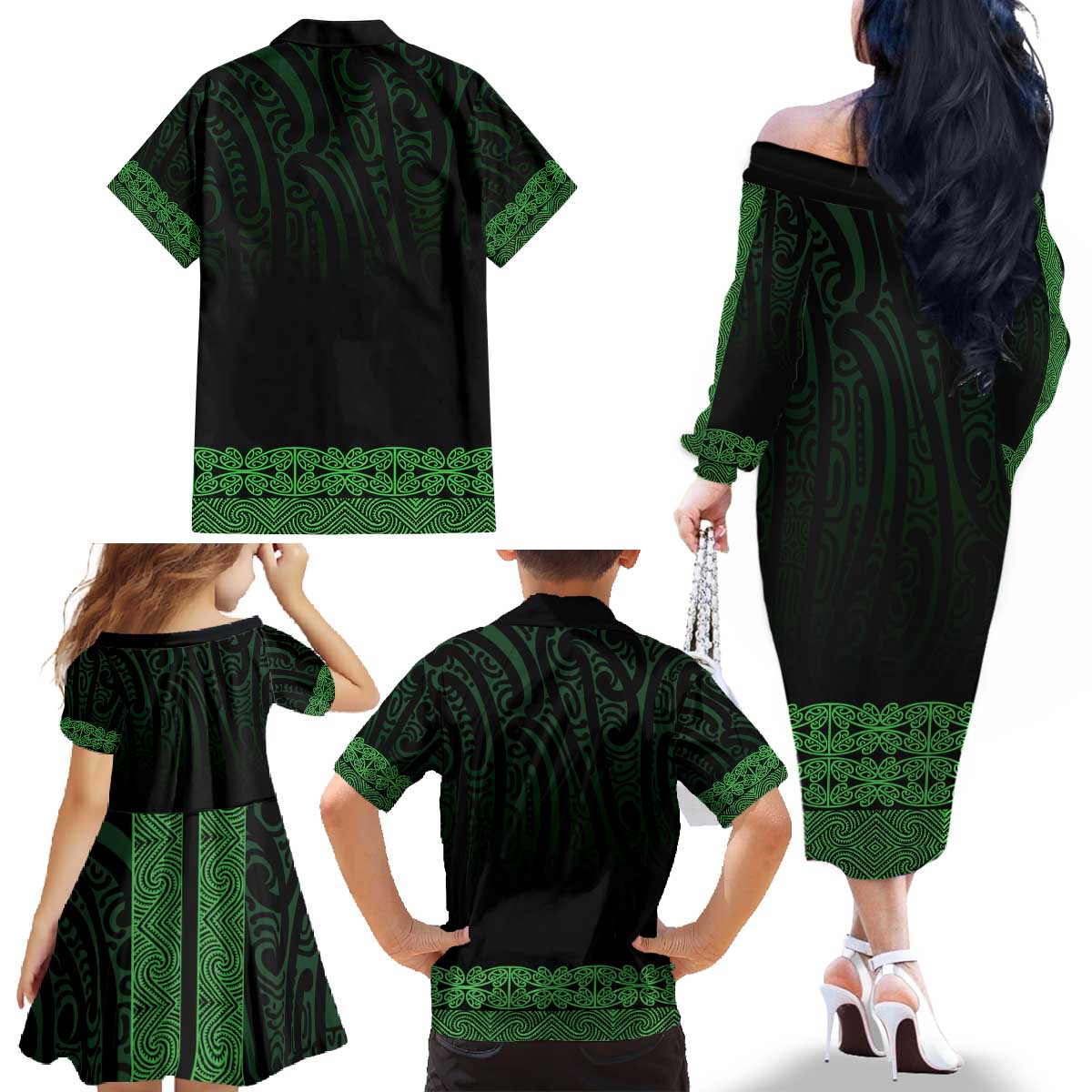 New Zealand Maori Kowhaiwhai Family Matching Off The Shoulder Long Sleeve Dress and Hawaiian Shirt Kakariki Maui and Mangopare