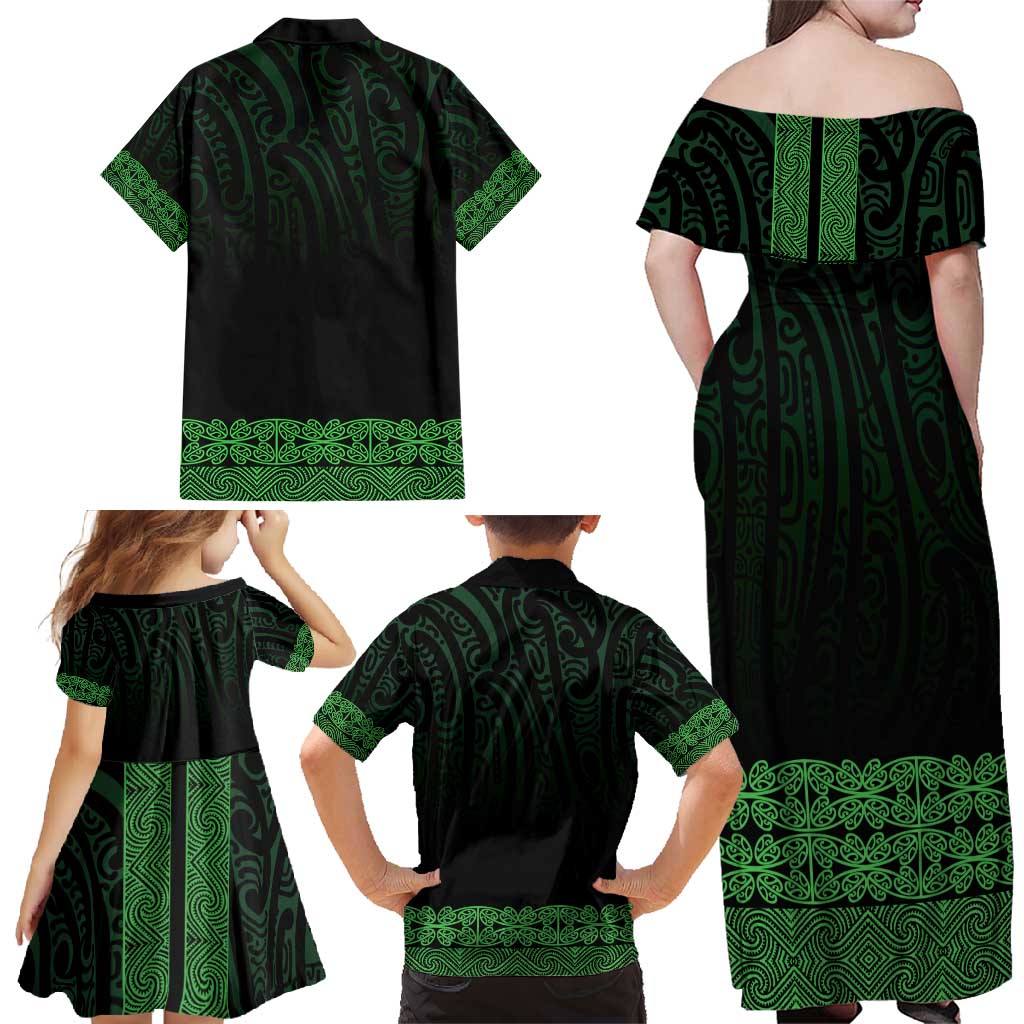 New Zealand Maori Kowhaiwhai Family Matching Off Shoulder Maxi Dress and Hawaiian Shirt Kakariki Maui and Mangopare