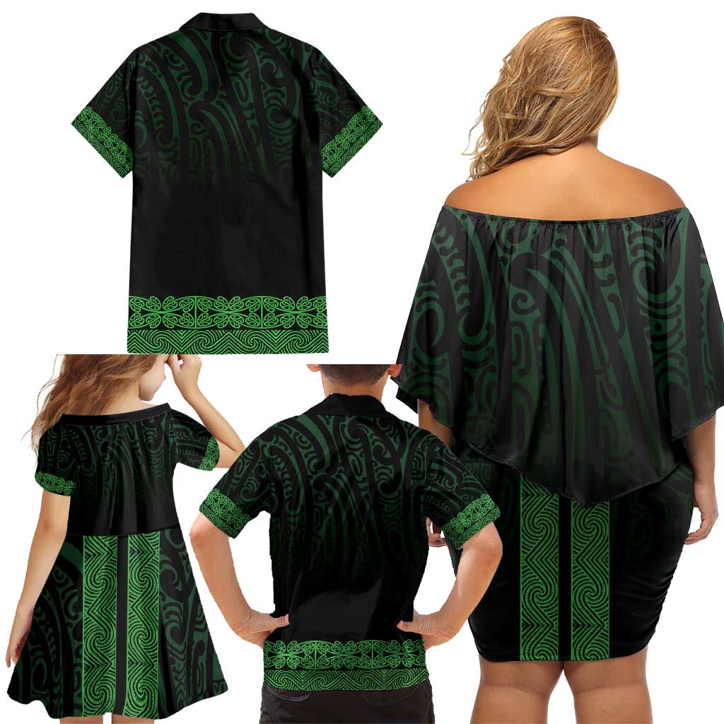 New Zealand Maori Kowhaiwhai Family Matching Off Shoulder Short Dress and Hawaiian Shirt Kakariki Maui and Mangopare