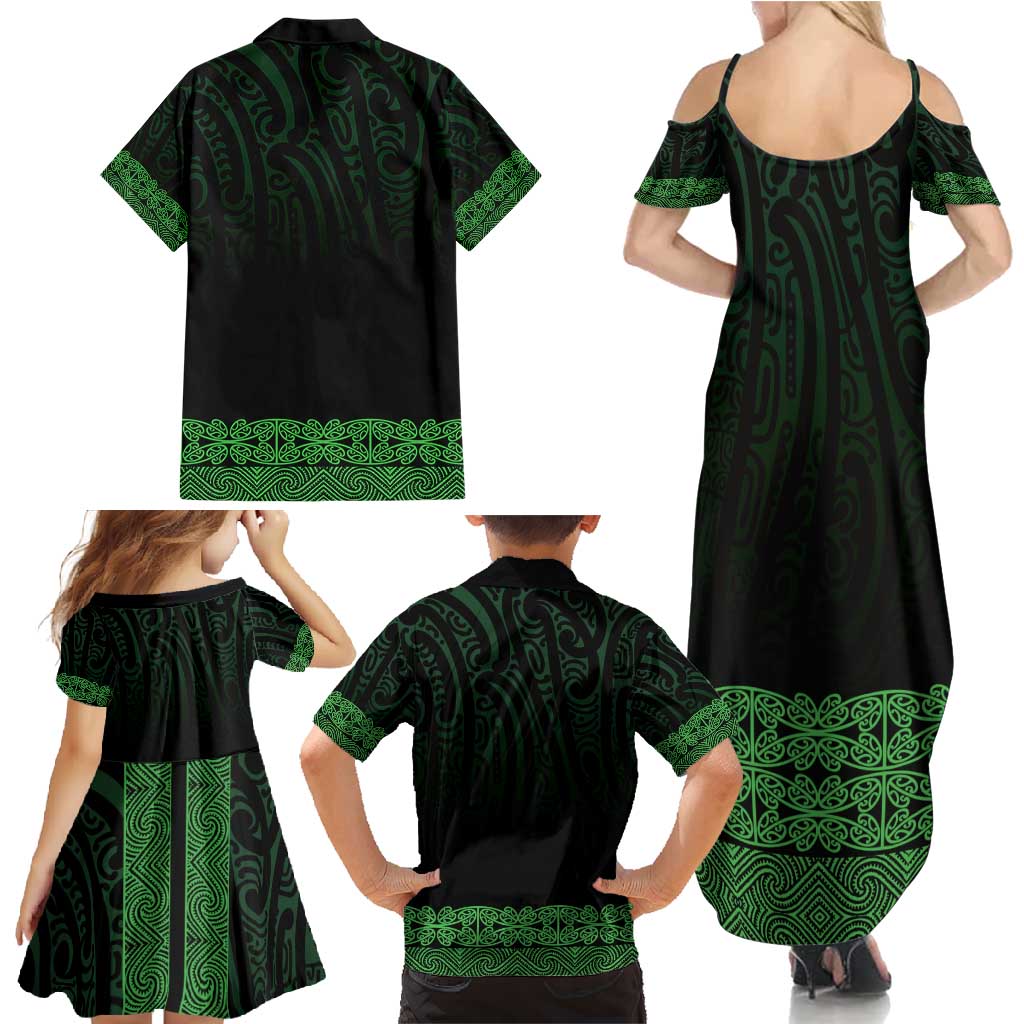 New Zealand Maori Kowhaiwhai Family Matching Summer Maxi Dress and Hawaiian Shirt Kakariki Maui and Mangopare