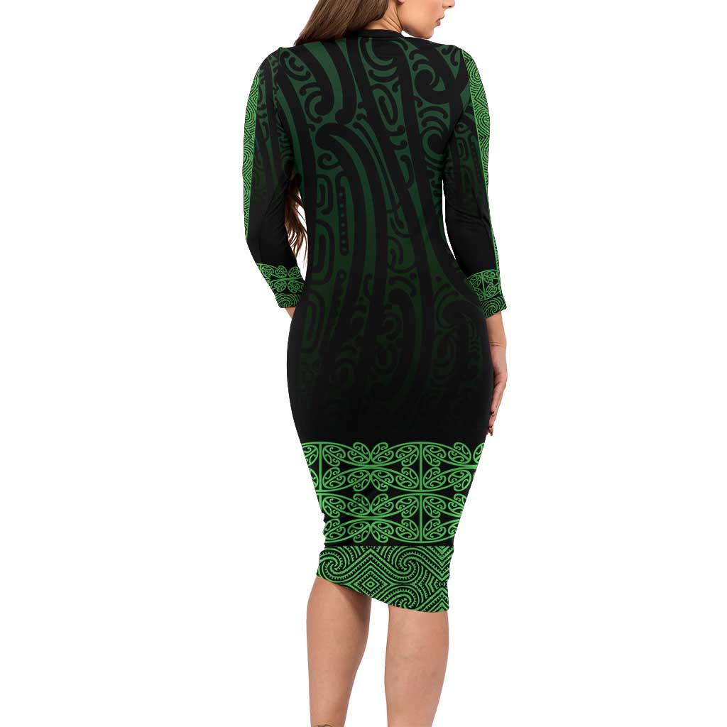 New Zealand Maori Kowhaiwhai Long Sleeve Bodycon Dress Kakariki Maui and Mangopare