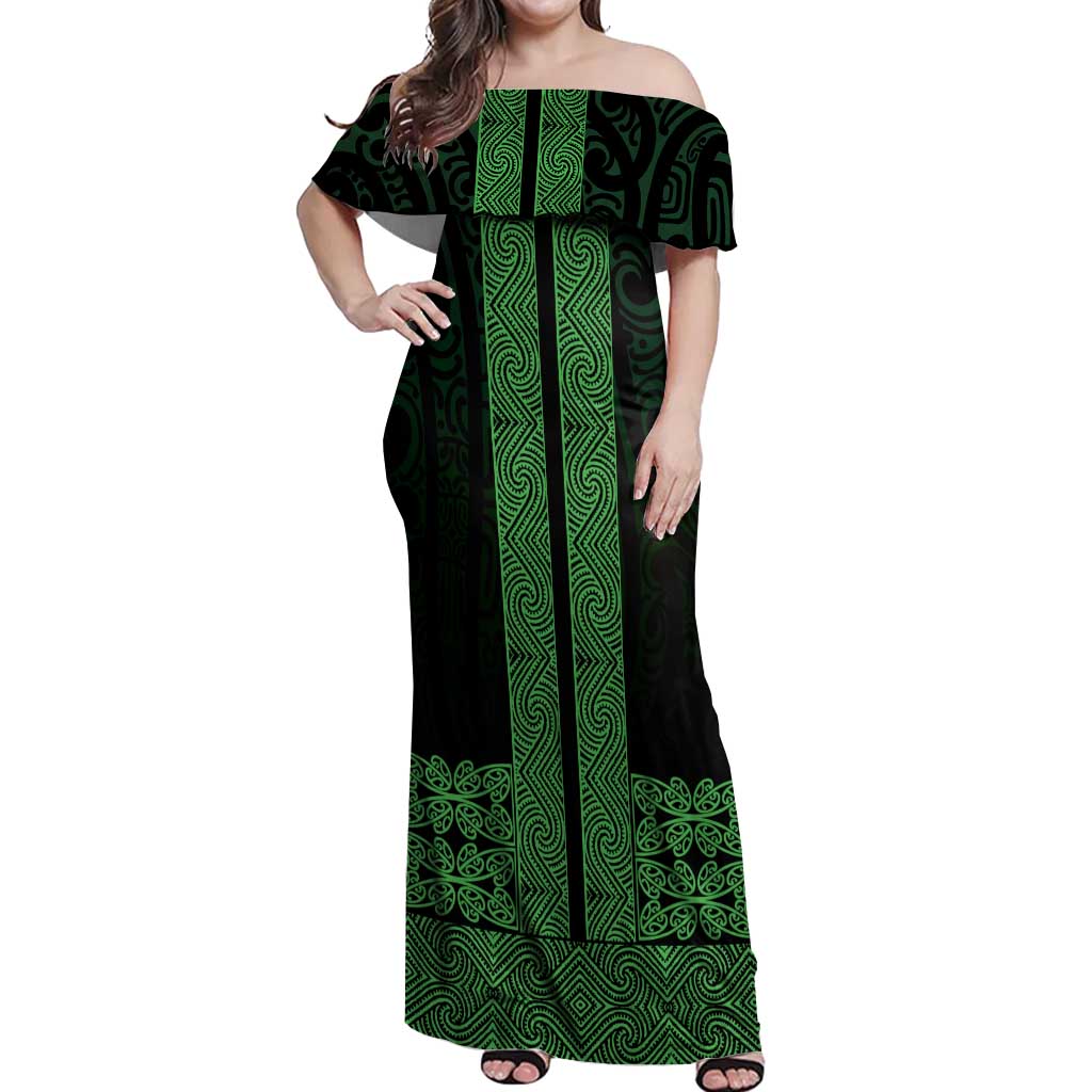 New Zealand Maori Kowhaiwhai Off Shoulder Maxi Dress Kakariki Maui and Mangopare