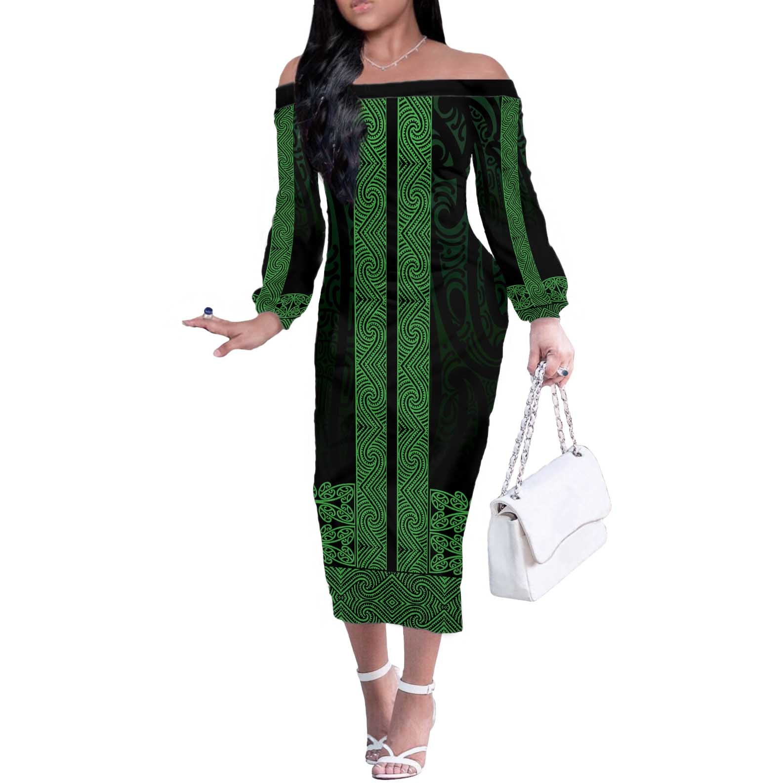 New Zealand Maori Kowhaiwhai Off The Shoulder Long Sleeve Dress Kakariki Maui and Mangopare