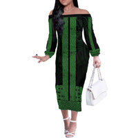 New Zealand Maori Kowhaiwhai Off The Shoulder Long Sleeve Dress Kakariki Maui and Mangopare