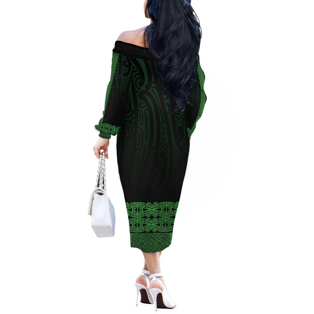 New Zealand Maori Kowhaiwhai Off The Shoulder Long Sleeve Dress Kakariki Maui and Mangopare