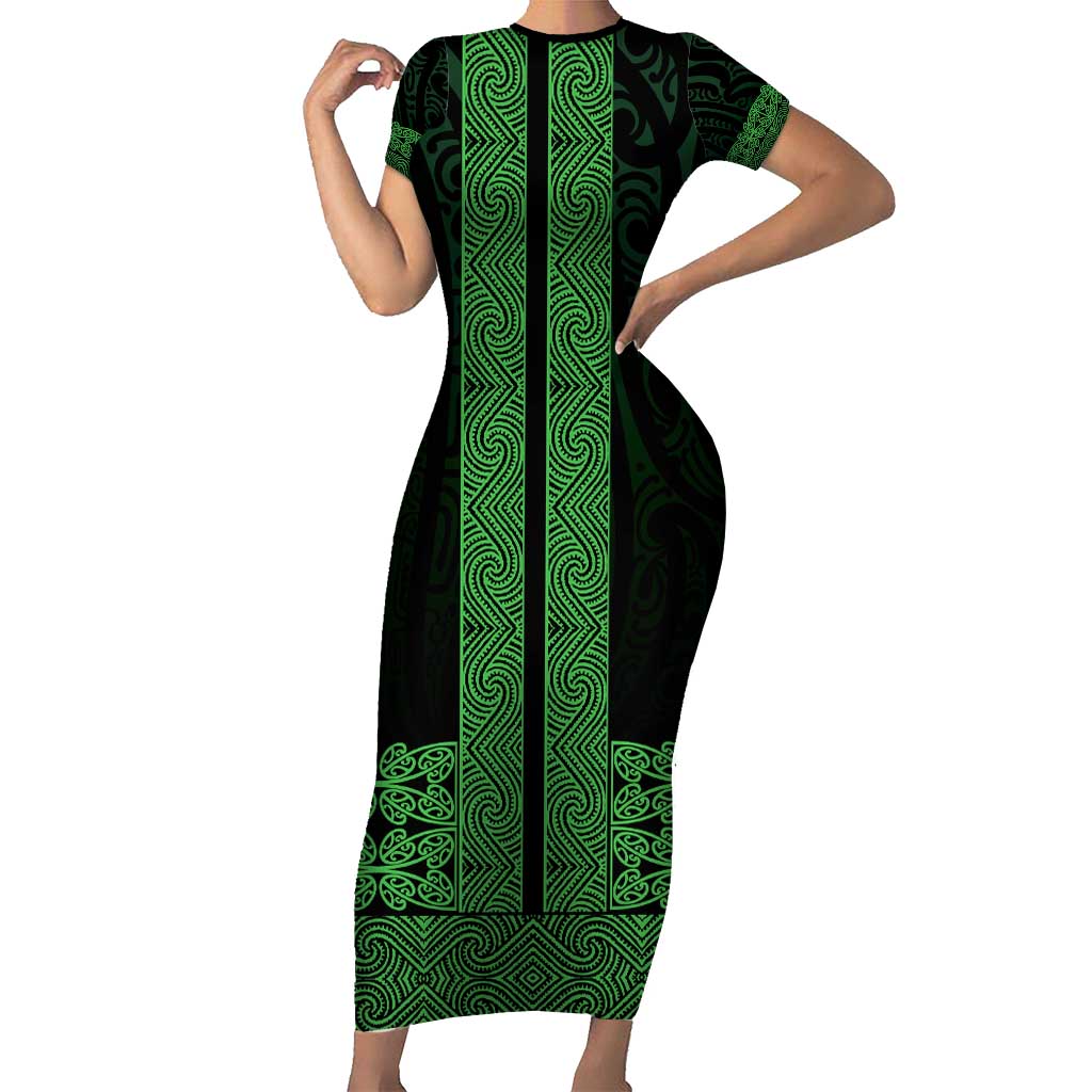 New Zealand Maori Kowhaiwhai Short Sleeve Bodycon Dress Kakariki Maui and Mangopare