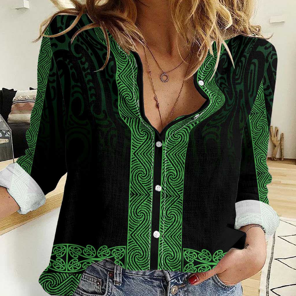 New Zealand Maori Kowhaiwhai Women Casual Shirt Kakariki Maui and Mangopare
