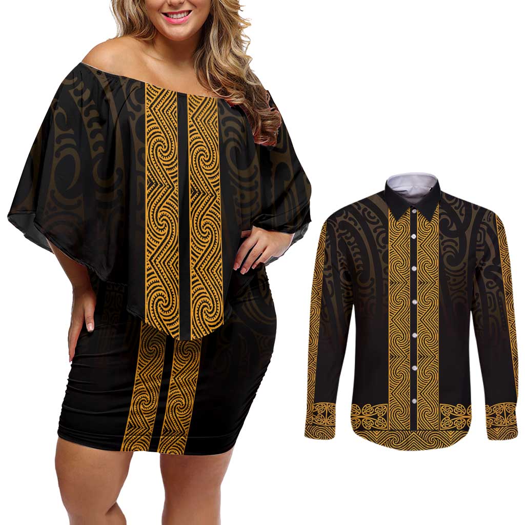 New Zealand Maori Kowhaiwhai Couples Matching Off Shoulder Short Dress and Long Sleeve Button Shirt Karaka Maui and Mangopare