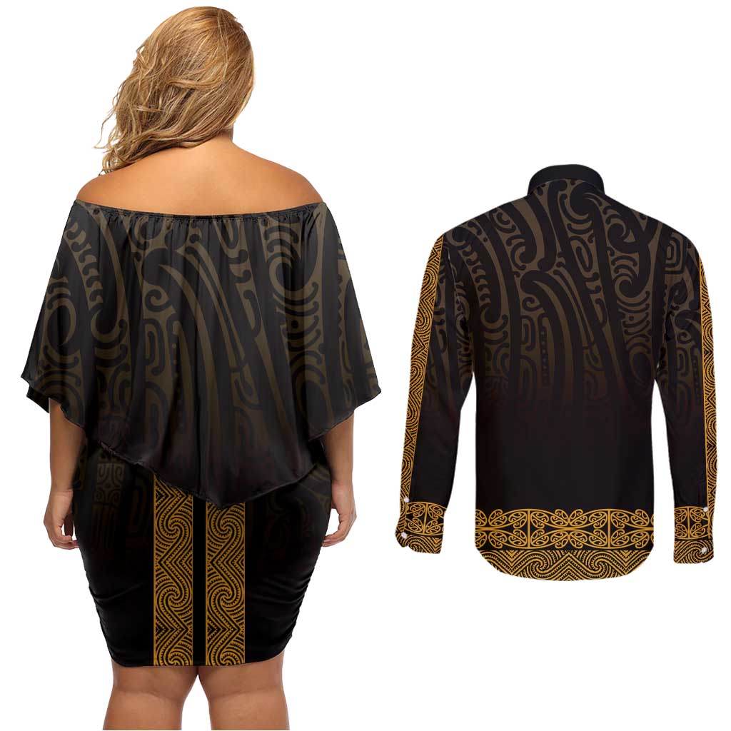 New Zealand Maori Kowhaiwhai Couples Matching Off Shoulder Short Dress and Long Sleeve Button Shirt Karaka Maui and Mangopare