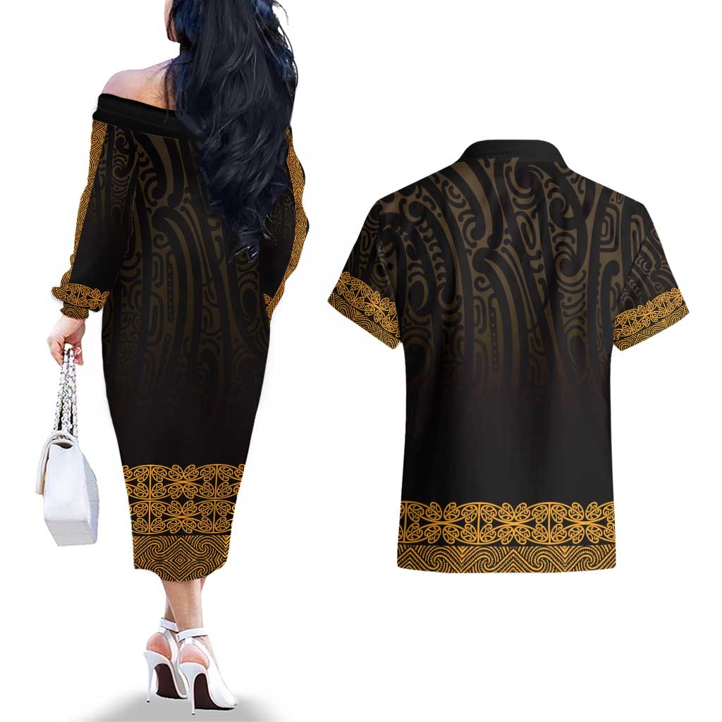 New Zealand Maori Kowhaiwhai Couples Matching Off The Shoulder Long Sleeve Dress and Hawaiian Shirt Karaka Maui and Mangopare