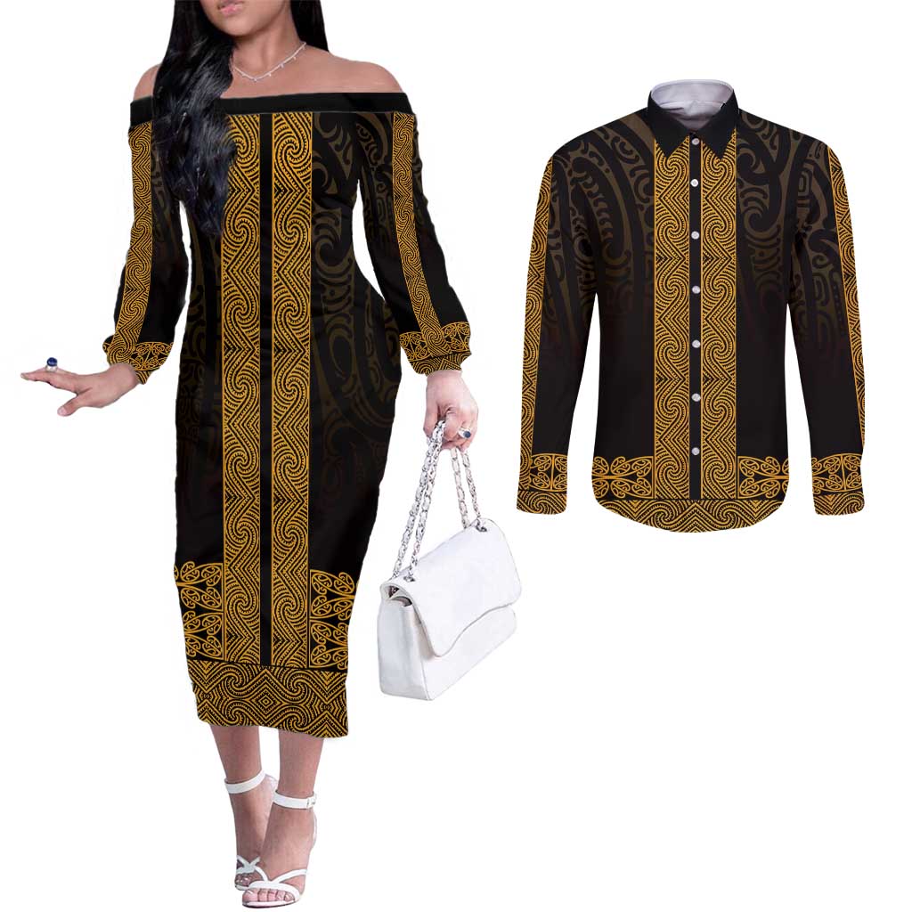New Zealand Maori Kowhaiwhai Couples Matching Off The Shoulder Long Sleeve Dress and Long Sleeve Button Shirt Karaka Maui and Mangopare