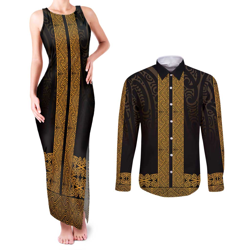 New Zealand Maori Kowhaiwhai Couples Matching Tank Maxi Dress and Long Sleeve Button Shirt Karaka Maui and Mangopare