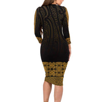 New Zealand Maori Kowhaiwhai Long Sleeve Bodycon Dress Karaka Maui and Mangopare