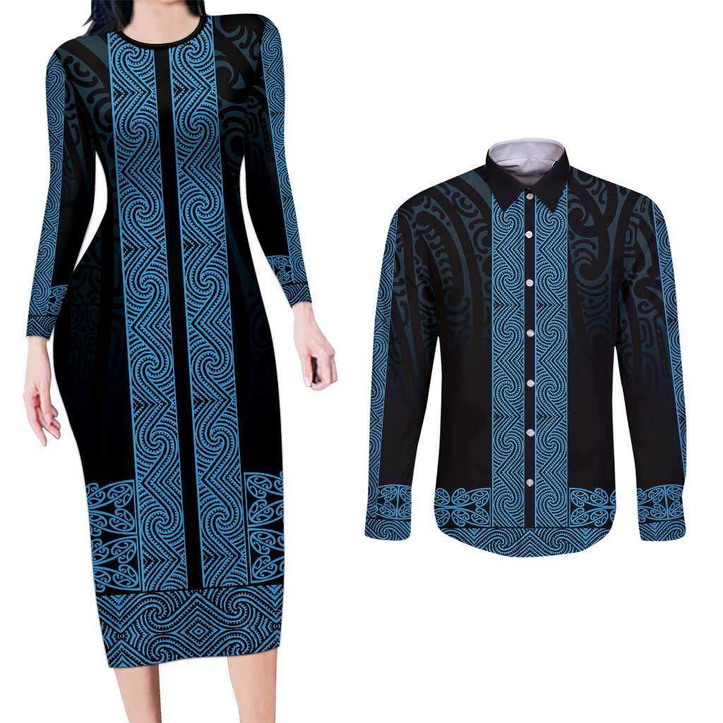 New Zealand Maori Kowhaiwhai Couples Matching Long Sleeve Bodycon Dress and Long Sleeve Button Shirt Kikorangi Maui and Mangopare