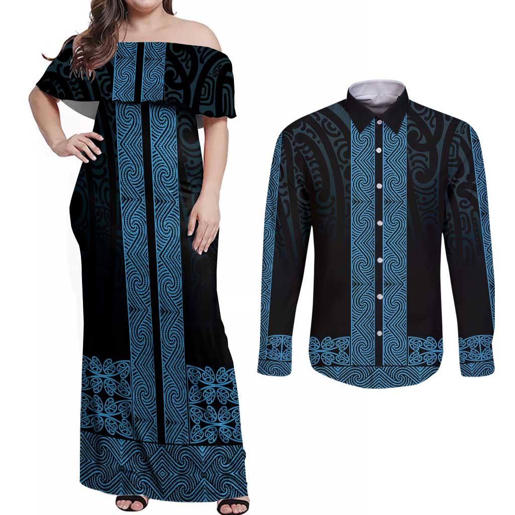 New Zealand Maori Kowhaiwhai Couples Matching Off Shoulder Maxi Dress and Long Sleeve Button Shirt Kikorangi Maui and Mangopare
