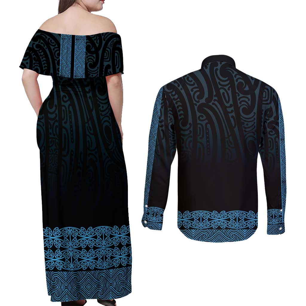 New Zealand Maori Kowhaiwhai Couples Matching Off Shoulder Maxi Dress and Long Sleeve Button Shirt Kikorangi Maui and Mangopare