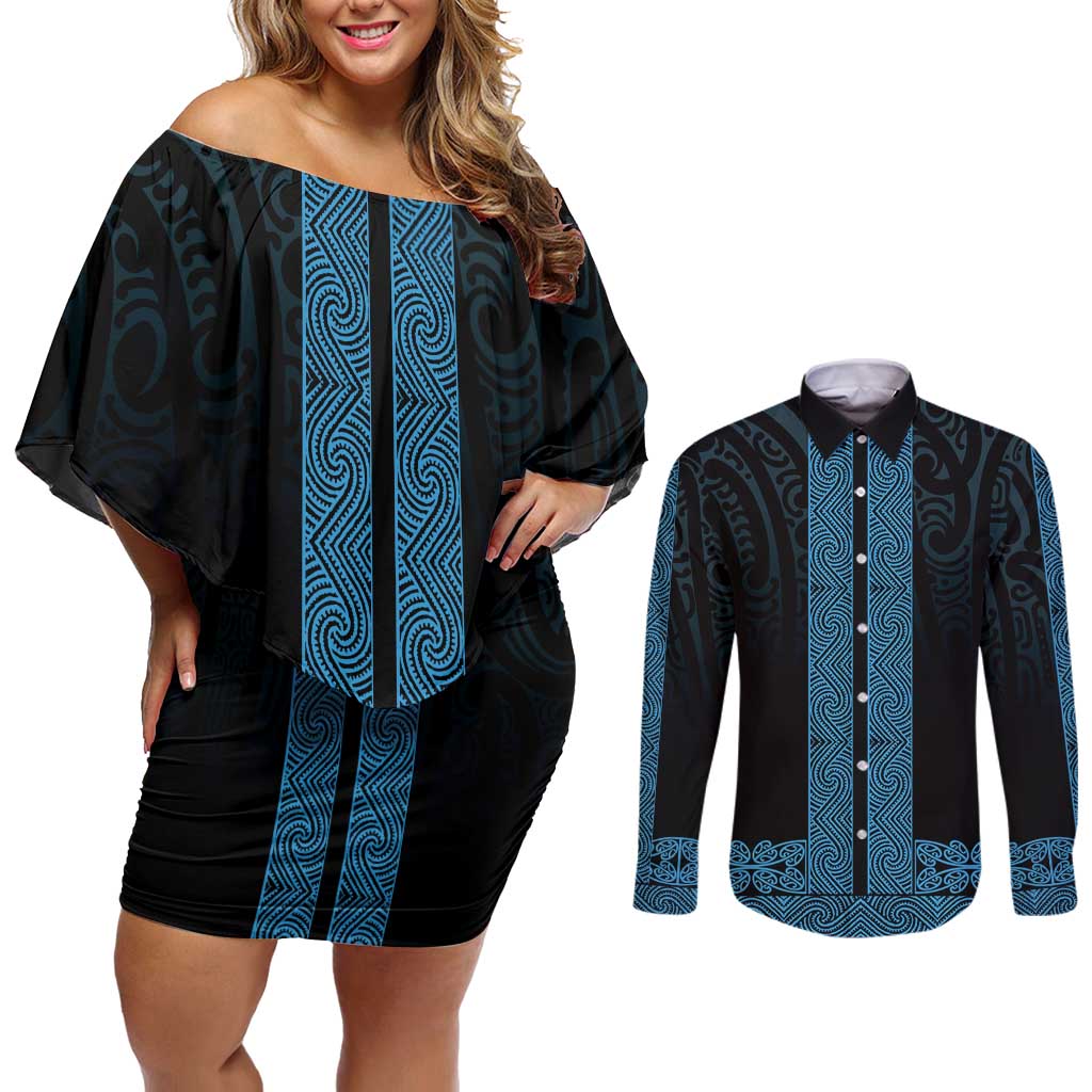 New Zealand Maori Kowhaiwhai Couples Matching Off Shoulder Short Dress and Long Sleeve Button Shirt Kikorangi Maui and Mangopare