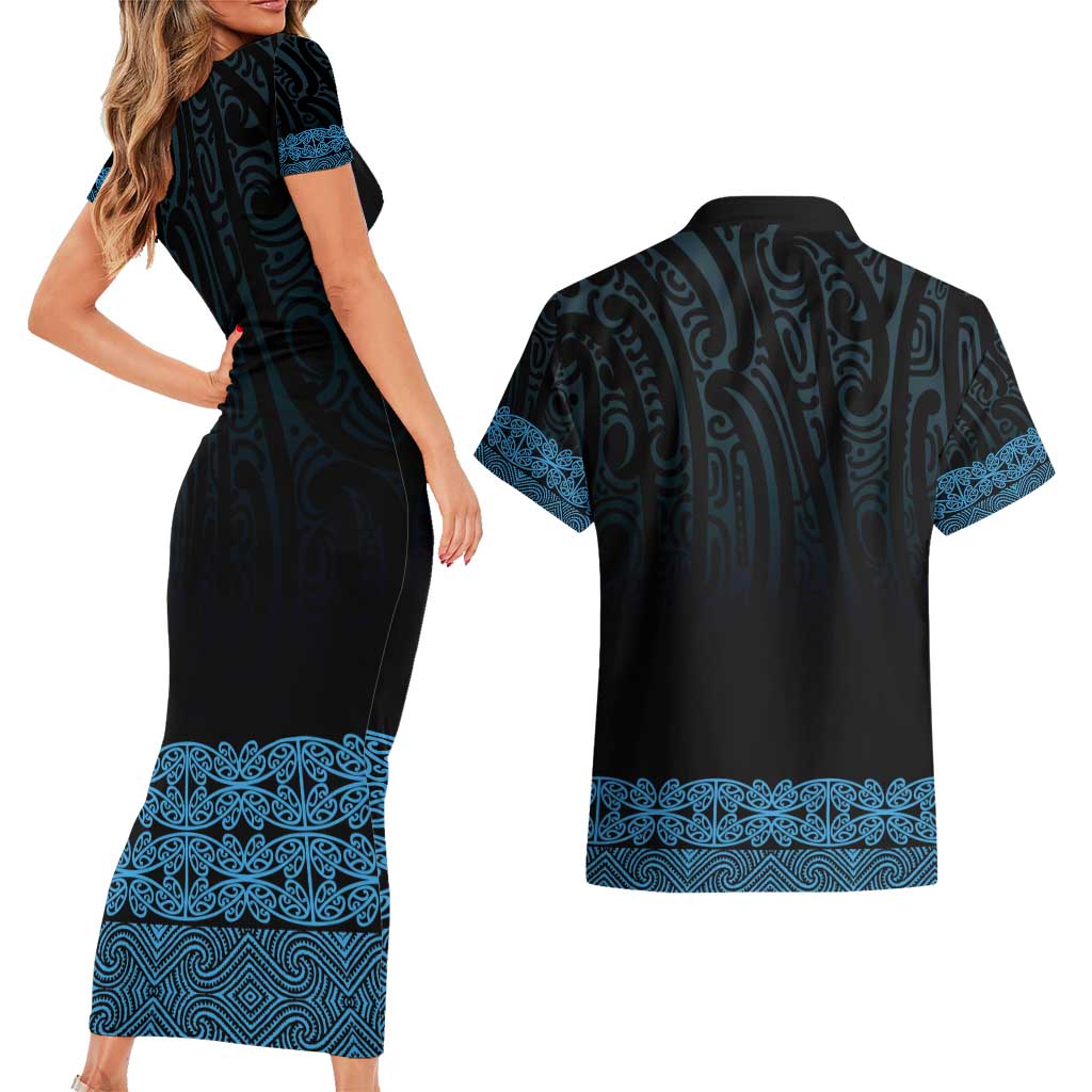 New Zealand Maori Kowhaiwhai Couples Matching Short Sleeve Bodycon Dress and Hawaiian Shirt Kikorangi Maui and Mangopare