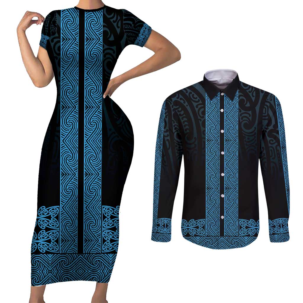 New Zealand Maori Kowhaiwhai Couples Matching Short Sleeve Bodycon Dress and Long Sleeve Button Shirt Kikorangi Maui and Mangopare