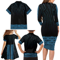 New Zealand Maori Kowhaiwhai Family Matching Long Sleeve Bodycon Dress and Hawaiian Shirt Kikorangi Maui and Mangopare