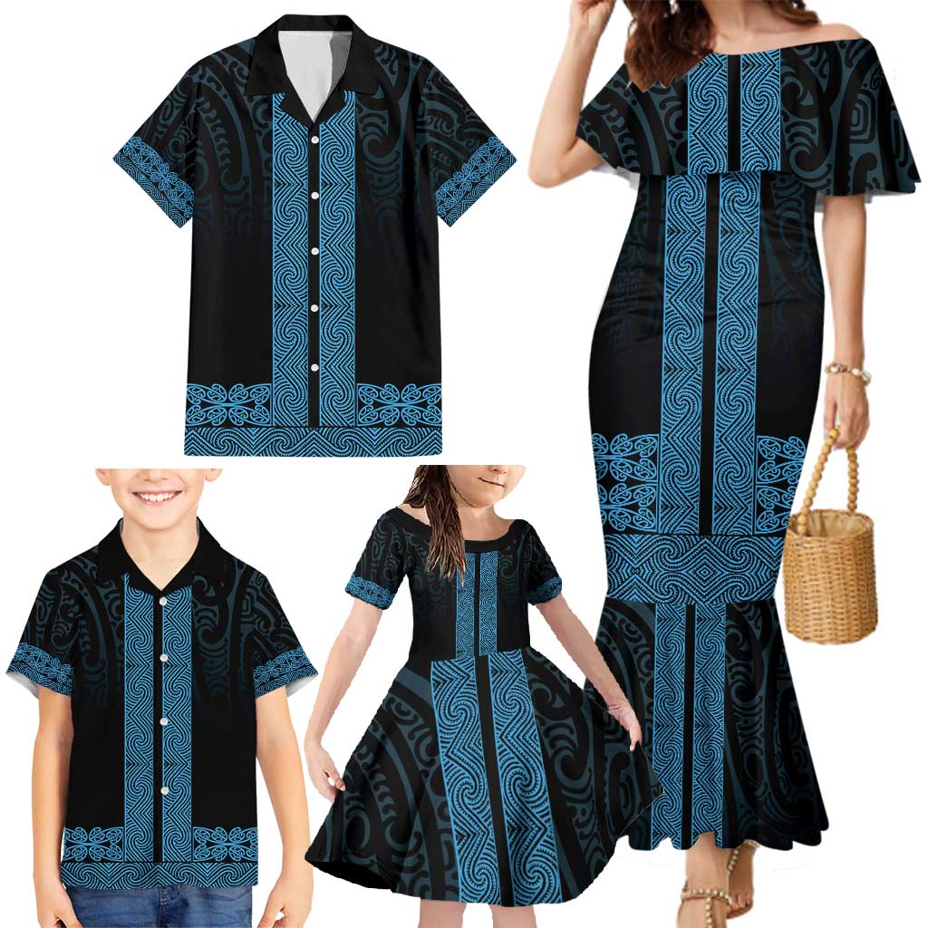 New Zealand Maori Kowhaiwhai Family Matching Mermaid Dress and Hawaiian Shirt Kikorangi Maui and Mangopare