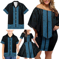New Zealand Maori Kowhaiwhai Family Matching Off Shoulder Short Dress and Hawaiian Shirt Kikorangi Maui and Mangopare