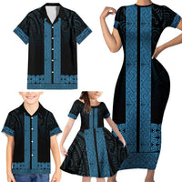 New Zealand Maori Kowhaiwhai Family Matching Short Sleeve Bodycon Dress and Hawaiian Shirt Kikorangi Maui and Mangopare