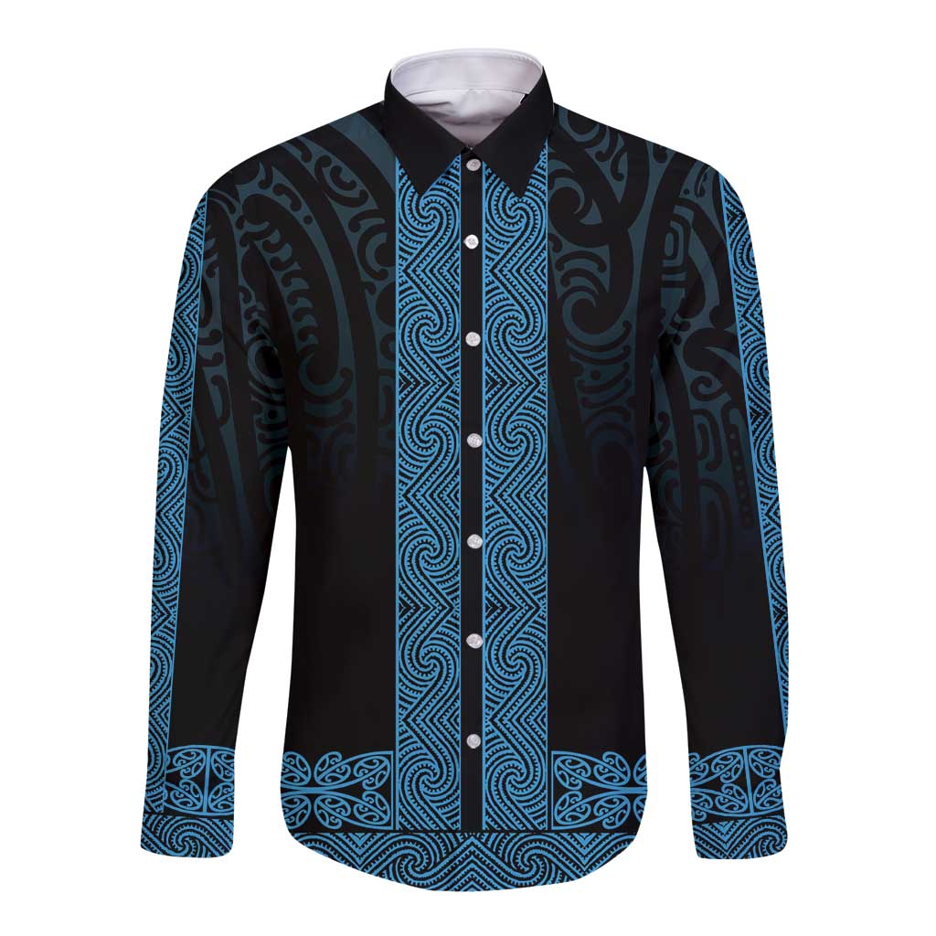 New Zealand Maori Kowhaiwhai Long Sleeve Button Shirt Kikorangi Maui and Mangopare