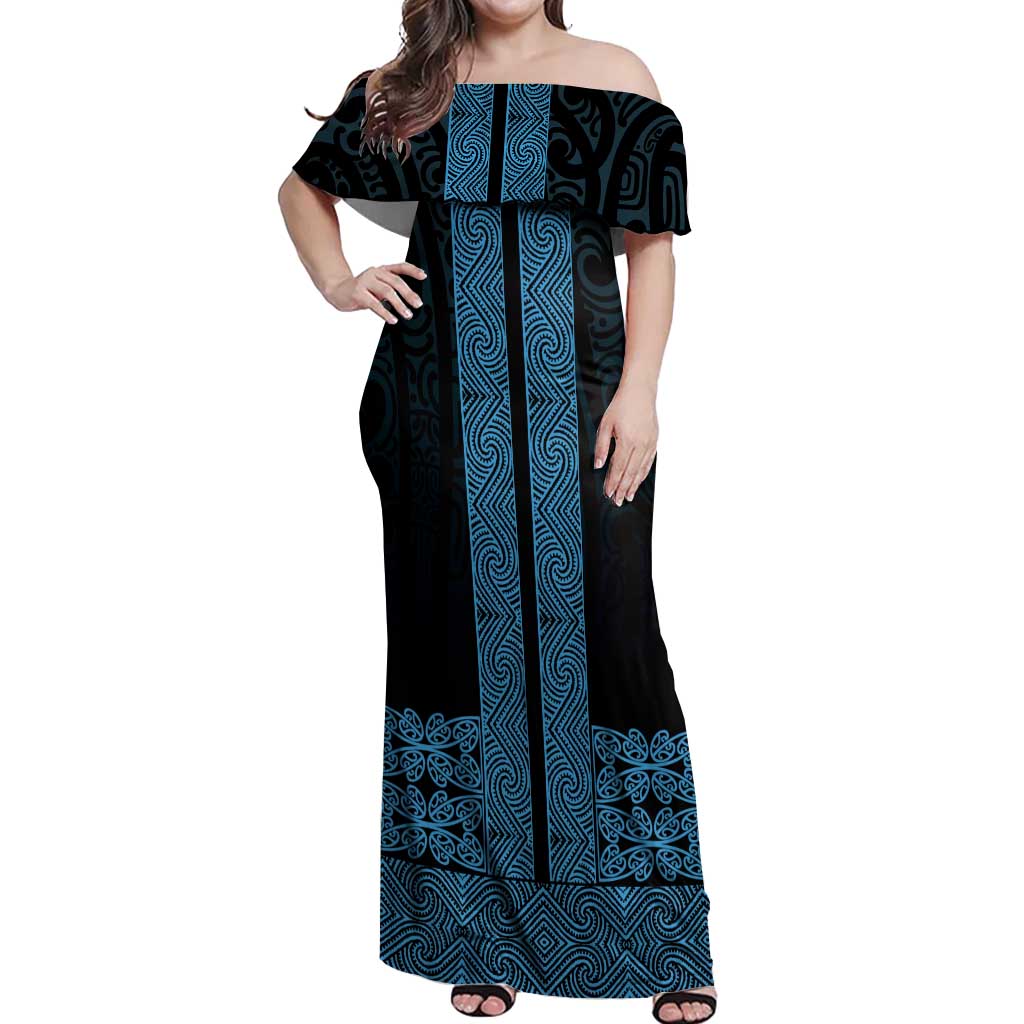 New Zealand Maori Kowhaiwhai Off Shoulder Maxi Dress Kikorangi Maui and Mangopare