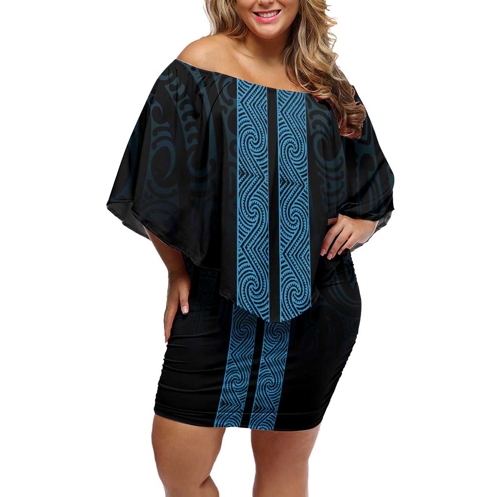 New Zealand Maori Kowhaiwhai Off Shoulder Short Dress Kikorangi Maui and Mangopare