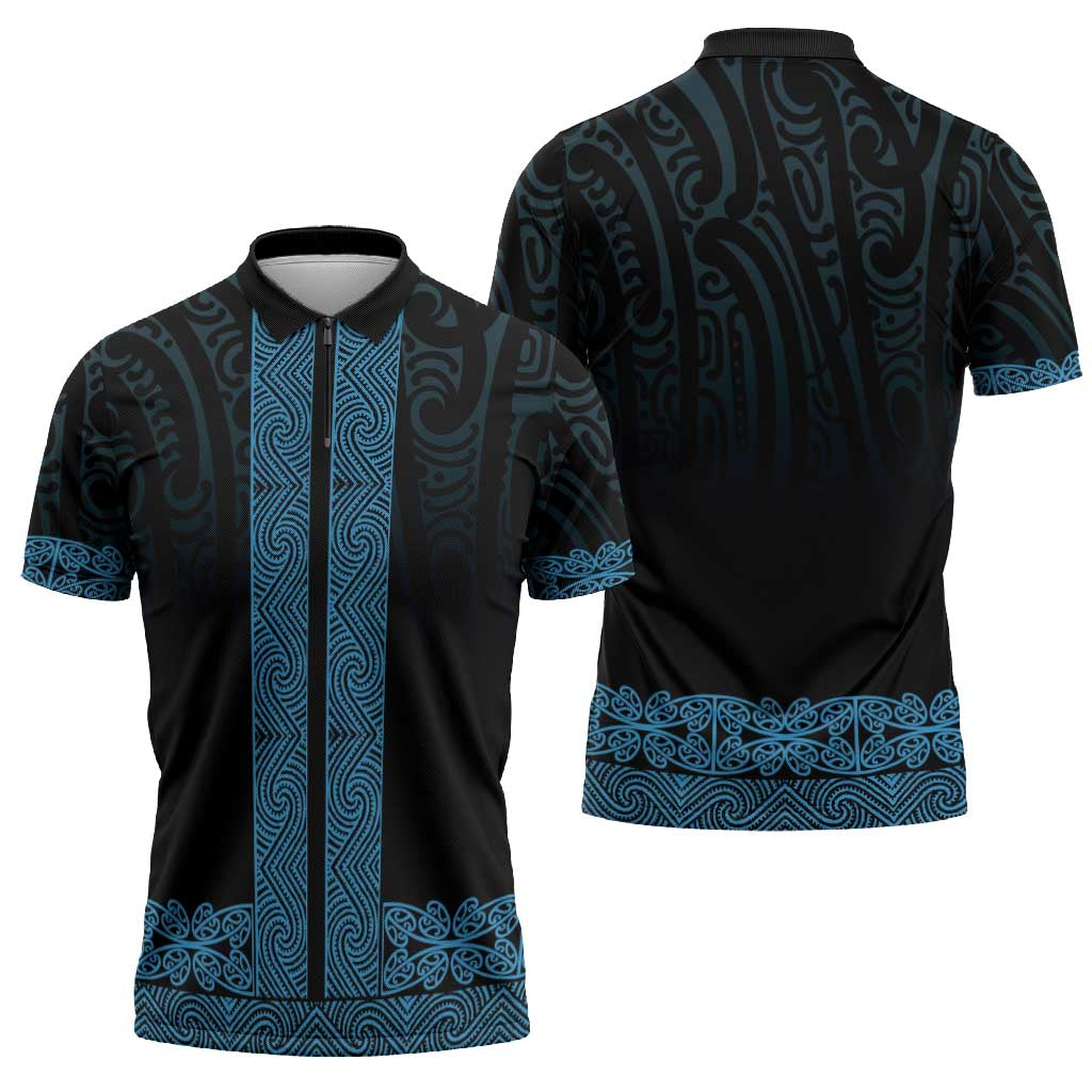 New Zealand Maori Kowhaiwhai Zipper Polo Shirt Kikorangi Maui and Mangopare - Polynesian Pride
