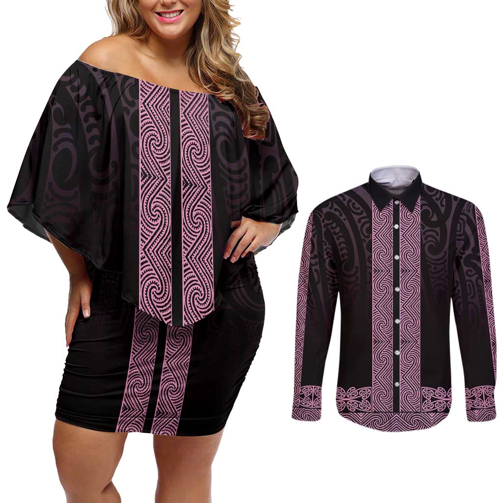 New Zealand Maori Kowhaiwhai Couples Matching Off Shoulder Short Dress and Long Sleeve Button Shirt Mawhero Maui and Mangopare