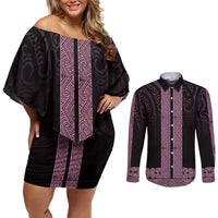 New Zealand Maori Kowhaiwhai Couples Matching Off Shoulder Short Dress and Long Sleeve Button Shirt Mawhero Maui and Mangopare
